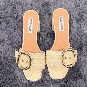 Steve Madden Tan Mules with Gold Buckle